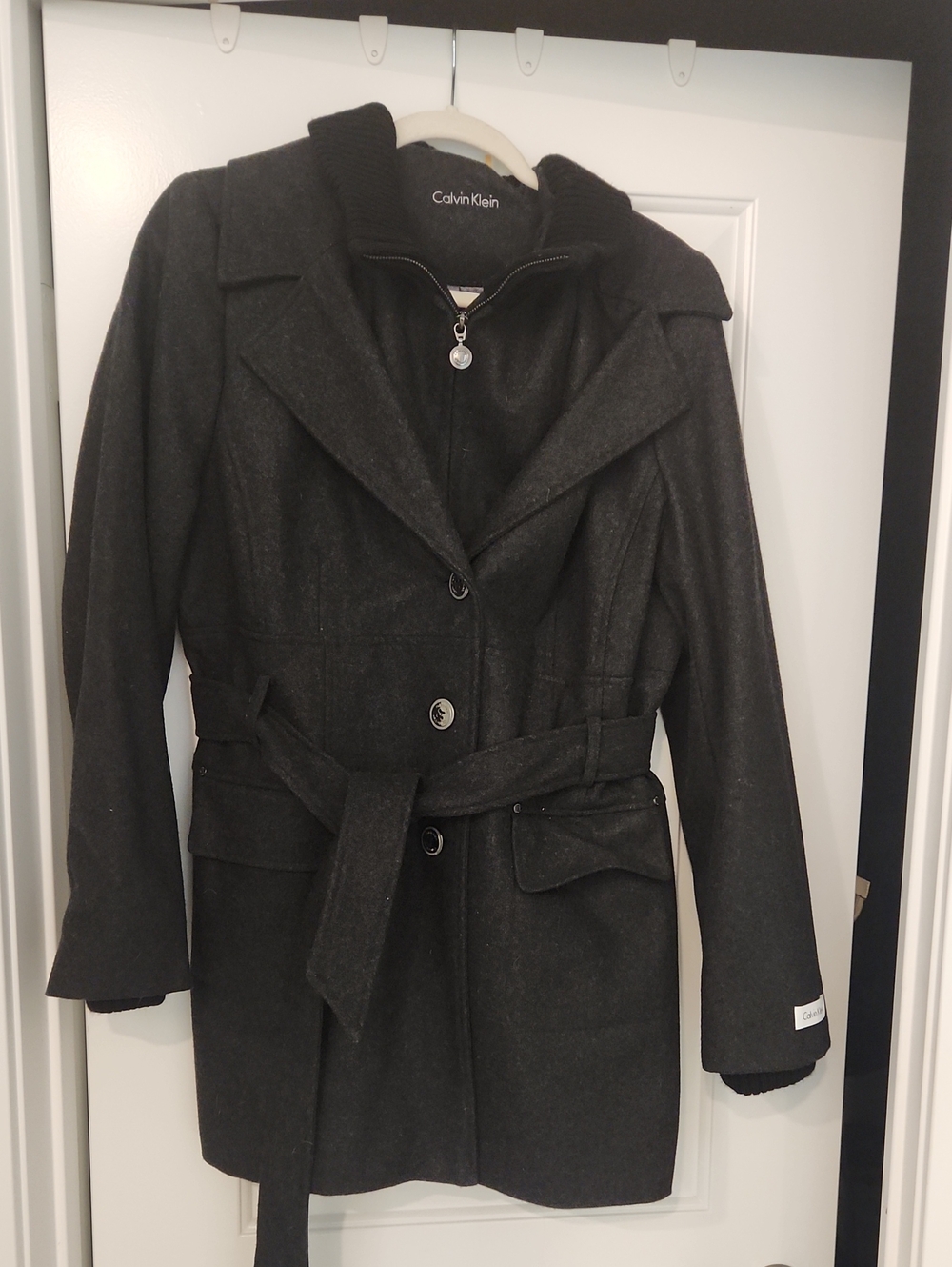 Calvin Klein Women's Charcoal Belted Wool-Blend Pea Coat